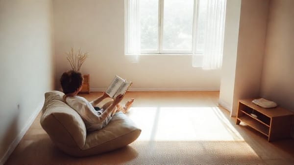 깔끔하게 정리된 방에서 편안하게 책을 읽는 사람의 모습.