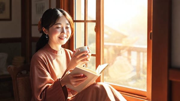 햇살 가득한 창가에서 커피를 마시며 독서하는 여유로운 노비의 모습
