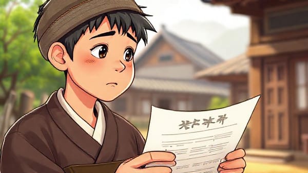 고민하는 노비가 국민연금 서류를 들여다보는 모습