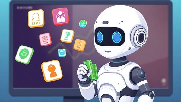 인공지능 로봇이 여러 금융 앱 아이콘이 떠 있는 스크린 앞에서 돈을 관리하는 모습