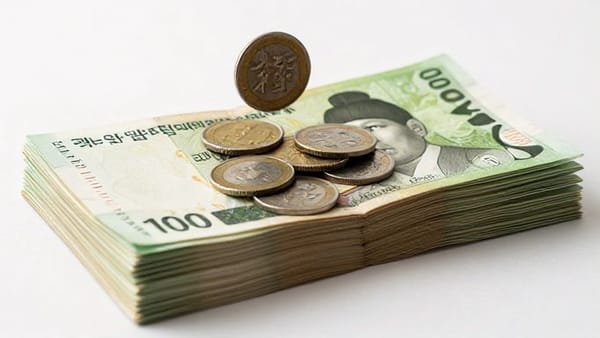 은행 통장 여러 개가 쌓여있고, 그 위에 엽전이 놓여 있는 모습. 엽전들이 활발하게 움직이는 듯한 동적인 느낌을 준다.