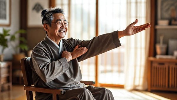 의자에 앉아 스트레칭하는 밝고 건강해 보이는 노비의 모습