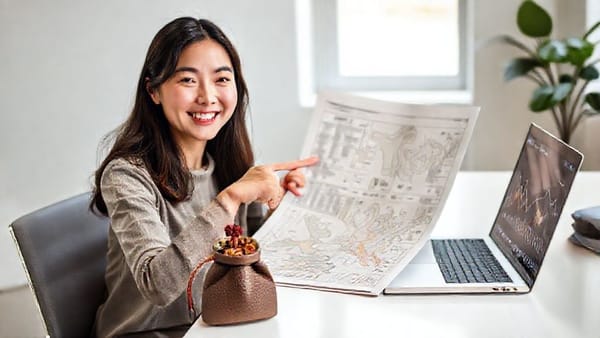 경제 신문을 읽으며 투자 지도를 펼쳐놓고 미래를 계획하는 밝은 표정의 20대 여성. 옆에는 작은 엽전 꾸러미가 놓여있다.