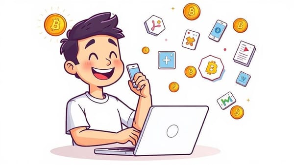 컴퓨터와 스마트폰을 활용하여 엽전을 관리하는 노비의 모습. 배경에는 다양한 금융 앱 아이콘들이 떠다닌다.