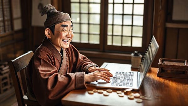 책상에 앉아 노트북으로 온라인 부업을 하는 즐거워하는 노비의 모습. 주변에 엽전이 흩뿌려져 있다.