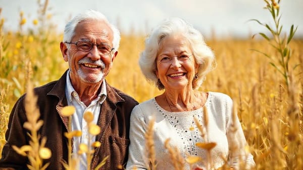 황금 연금이 쌓여가는 들판에서 행복하게 웃고 있는 노부부의 모습