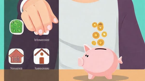 동전 저금통에 돈을 넣는 사람의 모습과 옆에 다양한 목표(집, 여행 등)가 그려진 아이콘