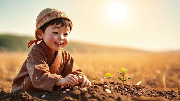 소액 투자 로드맵을 따라 엽전을 불려나가는 젊은 노비의 모습. 희망찬 표정으로 동전을 심고 새싹이 돋아나는 모습을 보고 있다.