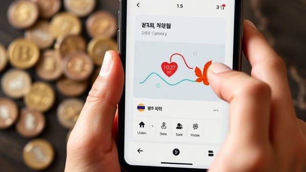 스마트폰으로 가계부 앱을 사용하는 사람의 손과 주변에 엽전들이 흩어져 있는 모습. 재정 관리를 통해 엽전을 모으는 이미지를 표현