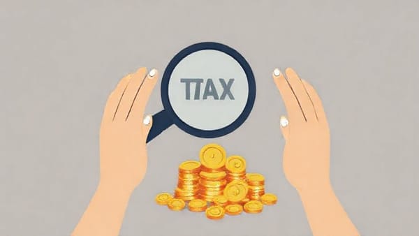 돈이 세금으로 줄어드는 것을 막는 손 모양의 일러스트. 돋보기로 세금 절약 기회를 찾는 모습도 함께 표현.