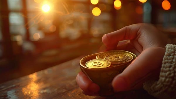 매일 5천원으로 커피 대신 투자하는 사람의 손에 엽전이 쌓이는 모습.