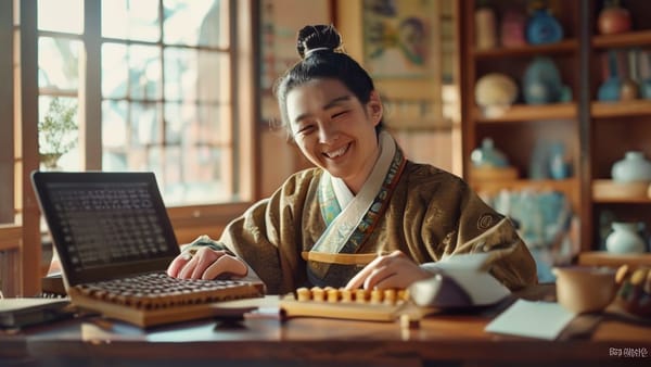 온라인 금융 계산기를 사용하는 노비의 모습. 주판과 현대적인 계산기가 함께 있는 모습으로 과거와 현재의 금융 도구를 상징적으로 보여준다. 밝고 긍정적인 분위기.