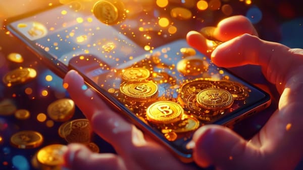 손안에서 마법처럼 엽전이 쌓이는 모습을 보여주는 자동 저축 앱 화면. 밝고 희망찬 분위기