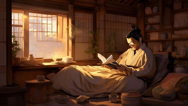 편안한 집에서 휴식을 취하며 미소 짓는 노비의 모습. 따뜻한 조명 아래 책을 읽거나 차를 마시고 있는 그림 같은 풍경.