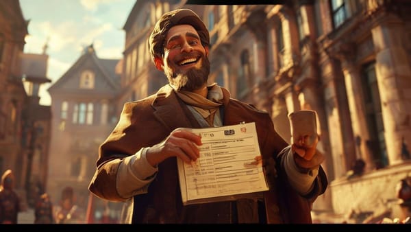 노비가 금융기관 앞에서 뿌듯하게 신용 점수표를 들고 서 있는 모습