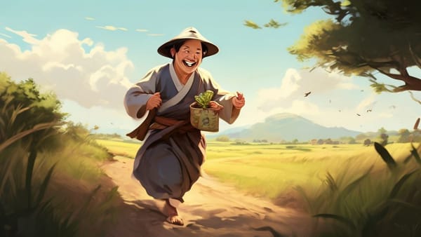 돈 주머니를 든 행복한 노비가 빚 구덩이에서 벗어나 밝은 미래를 향해 걸어가는 모습