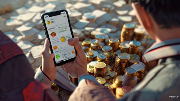 바쁜 노비가 스마트폰으로 영수증을 찍어 지출을 기록하는 모습. 현대적인 앱 인터페이스가 보이며, 주변에는 엽전이 쌓여있다.