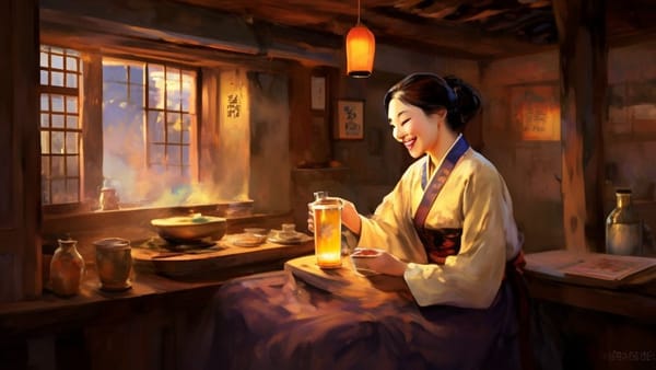 한복을 입은 노비가 은퇴 후 편안하게 앉아 주막에서 술을 마시는 모습