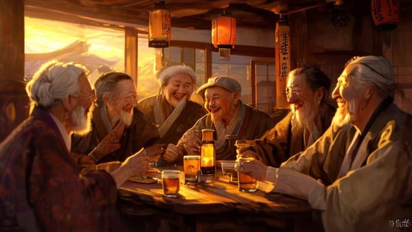 즐겁게 웃으며 주막에서 막걸리를 마시고 있는 은퇴한 노비와 그의 친구들