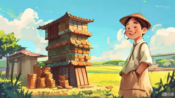 소액 부동산 투자를 상징하는 이미지. 아파트 모형 위에 동전이 쌓여있고, 그 옆에 밝게 웃는 노비 캐릭터가 서 있다.