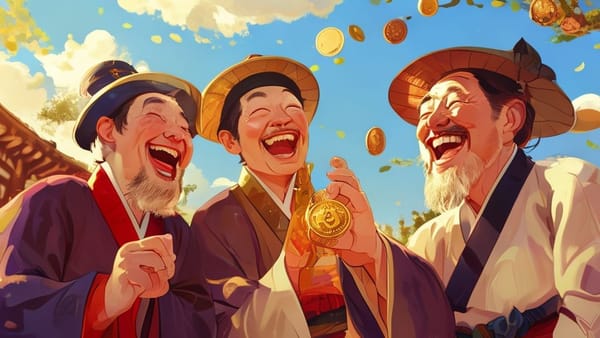 엽전을 나누며 웃고 있는 노비 세 명