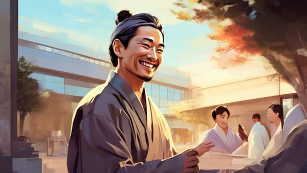 고대 한국의 노비가 밝게 웃으며 의료 혜택을 받는 모습. 배경에는 현대적인 병원 건물이 희미하게 보인다.