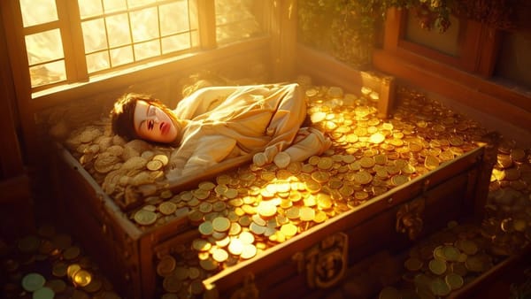 금화가 가득한 보물상자 위에서 편안하게 쉬고 있는 사람의 모습.