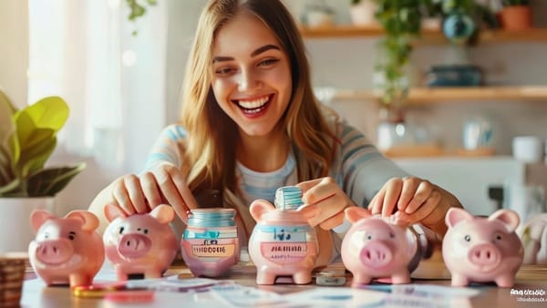 활짝 웃는 젊은 여성이 여러 개의 저금통에 엽전을 나누어 넣는 모습. 각 저금통에는 생활비, 비상금, 투자금 등의 라벨이 붙어있고, 배경에는 깔끔하게 정돈된 책상과 다양한 금융 서류가 놓여 있습니다.