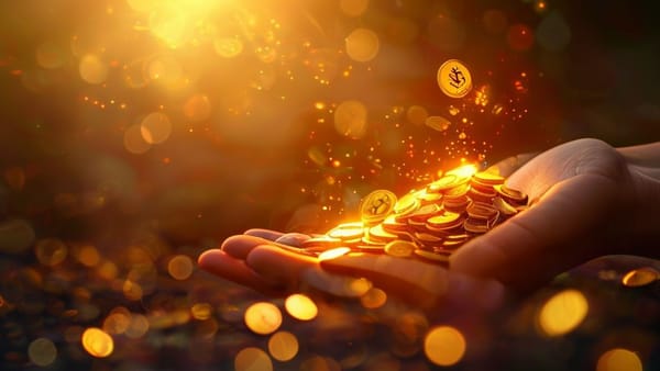 손안에 작은 동전들이 쌓여 큰 금화로 변하는 모습