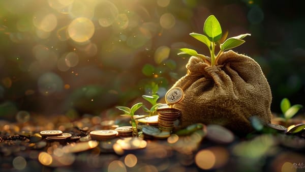 푼돈을 모아 큰 돈으로 만드는 마법을 상징하는, 동전들이 반짝이는 커다란 돈주머니와 그 주위를 둘러싼 작은 싹들이 자라나는 모습