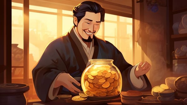 비상금을 모으는 노비의 모습. 엽전이 가득 찬 항아리를 소중하게 지키는 노비가 밝게 웃고 있다.