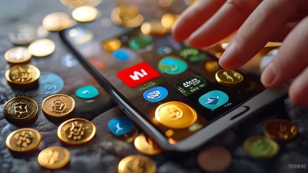 다양한 구독 서비스 아이콘들이 그려진 스마트폰 화면 위로 엽전들이 흩뿌려져 있고, 한 손이 엽전을 잡으려는 모습.