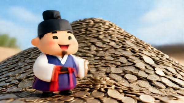 작은 동전들이 쌓여 큰 산을 이루는 모습과 그 앞에 흐뭇하게 웃는 노비의 모습.