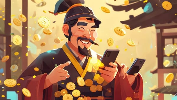 스마트폰으로 가계부 앱을 사용하는 노비의 모습. 쉽고 편리하게 엽전을 관리하는 금손 노비를 표현.