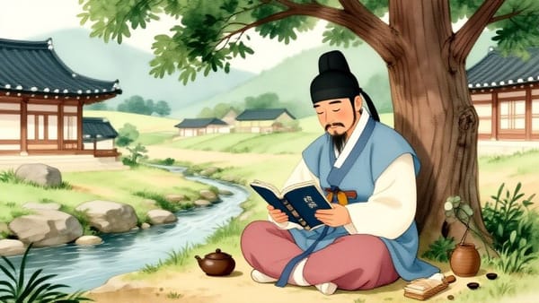 지쳐 보이는 노비가 고즈넉한 풍경에서 독서를 하거나 명상을 하며 여유를 즐기는 모습