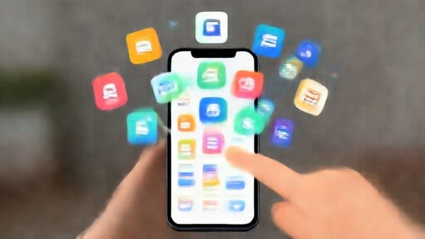 여러 개의 스마트폰 앱 아이콘들이 하나의 큰 스마트폰 화면에 통합되어 보여지는 모습. 손이 여러 앱을 터치하며 자산을 관리하는 듯한 역동적인 이미지.