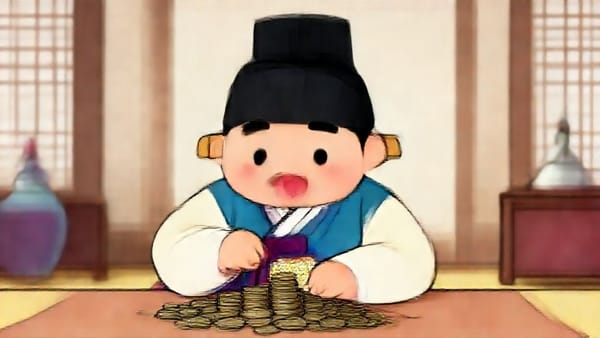 열심히 엽전을 모으는 노비의 모습과 그 엽전이 쌓여가는 이미지