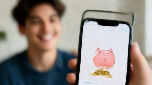 스마트폰 화면에 은행 앱이 열려 있고, 저금통 아이콘과 동전이 쌓이는 이미지가 보이며, 젊은 사람이 미소 짓고 있는 모습